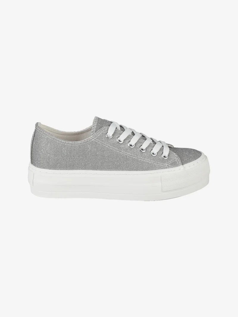 Sneakers donna in tela brillantinata con platform - argento