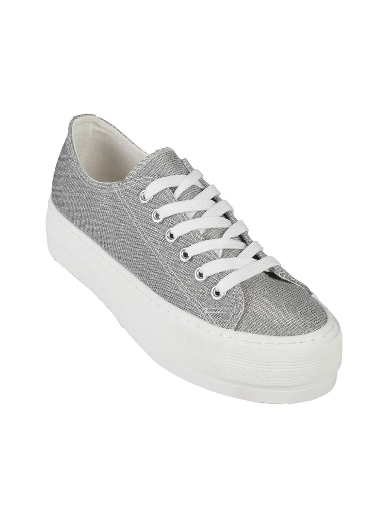 Sneakers donna in tela brillantinata con platform - argento