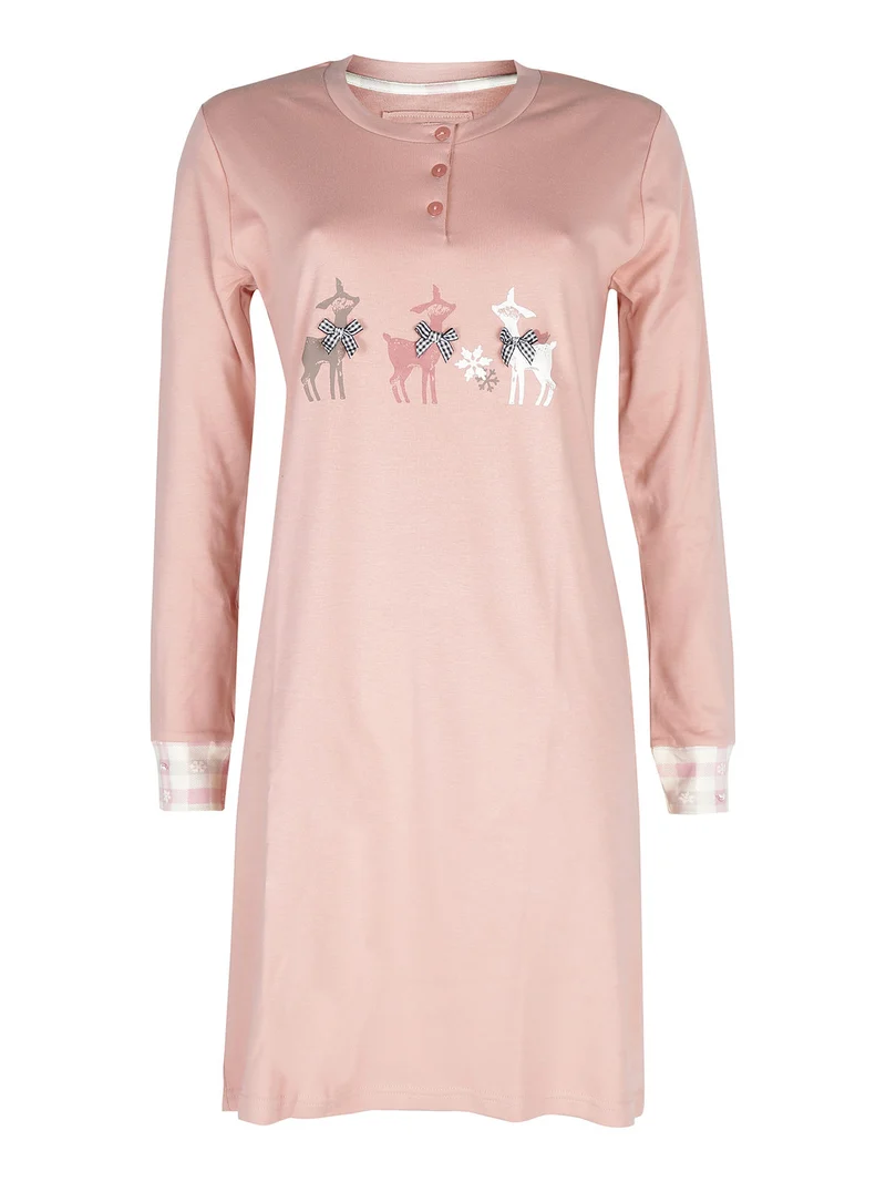Camicia da notte donna a maniche lunghe in cotone interlock con disegni - albicocca