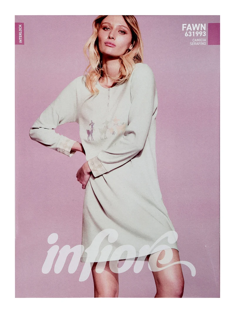 Camicia da notte donna a maniche lunghe in cotone interlock con disegni - albicocca
