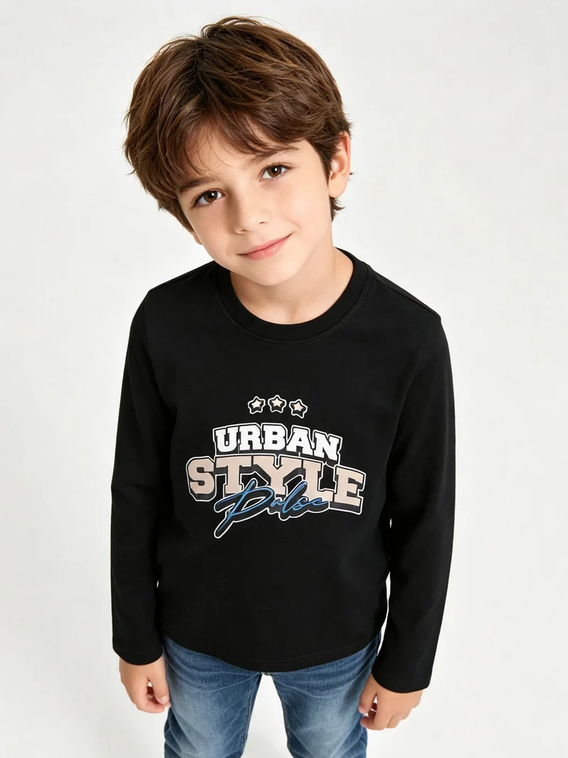 T-shirt da bambino a maniche lunghe con stampa - nero