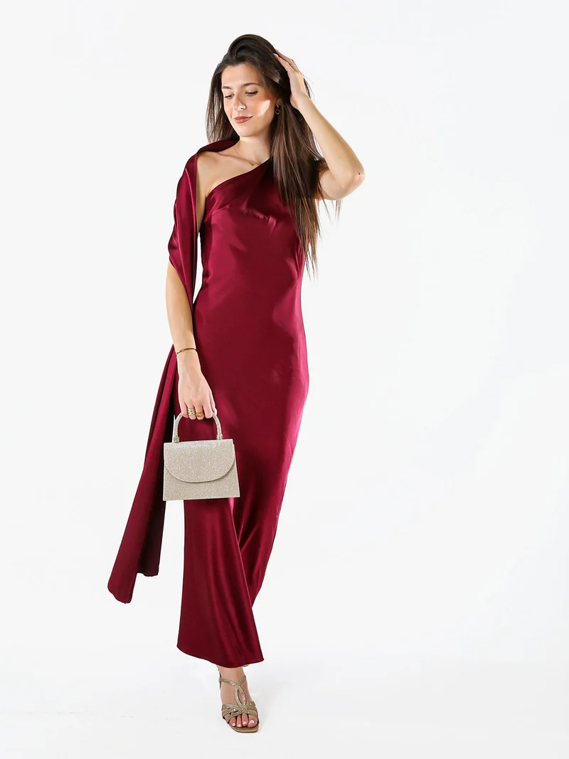 Abito elegante da donna monospalla con stola incorporata - bordeaux