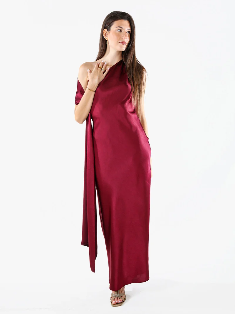 Abito elegante da donna monospalla con stola incorporata - bordeaux