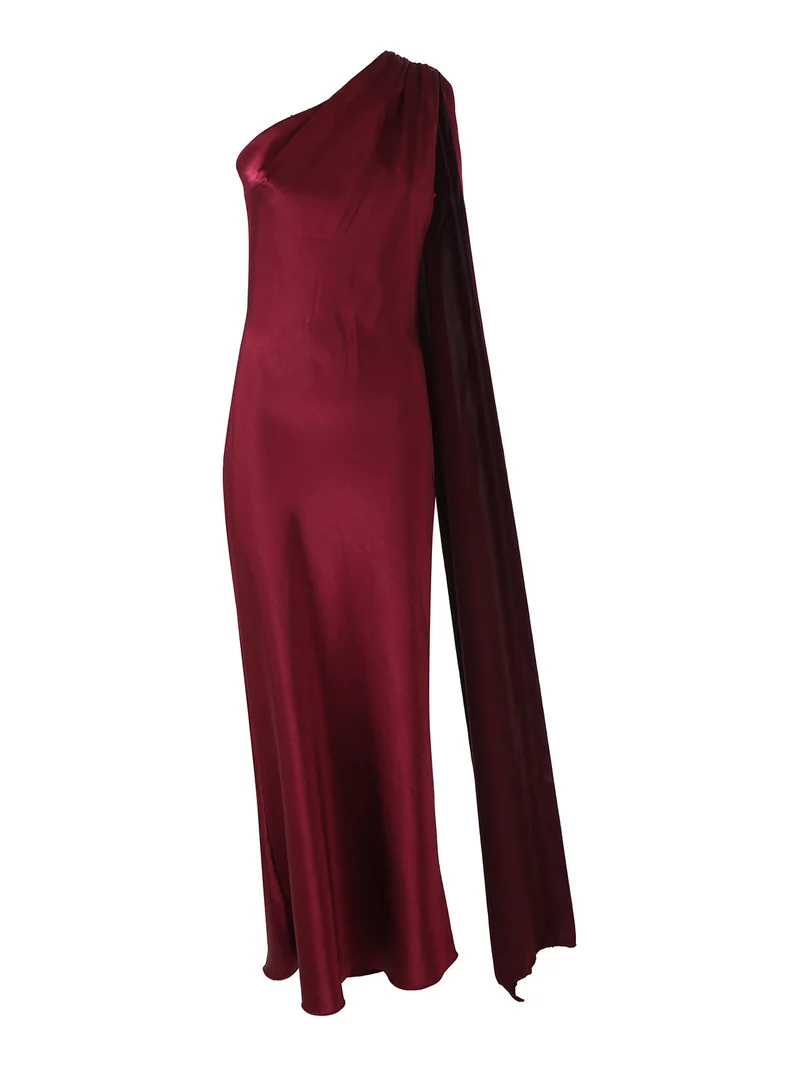 Abito elegante da donna monospalla con stola incorporata - bordeaux