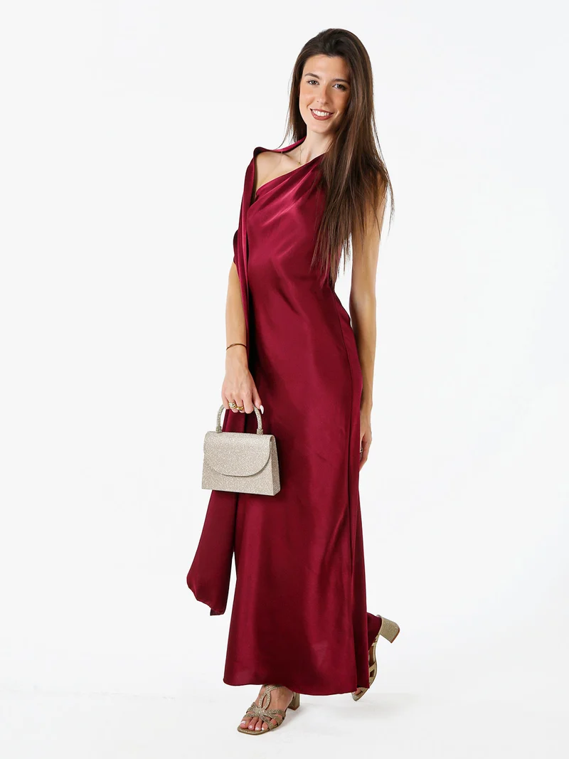 Abito elegante da donna monospalla con stola incorporata - bordeaux