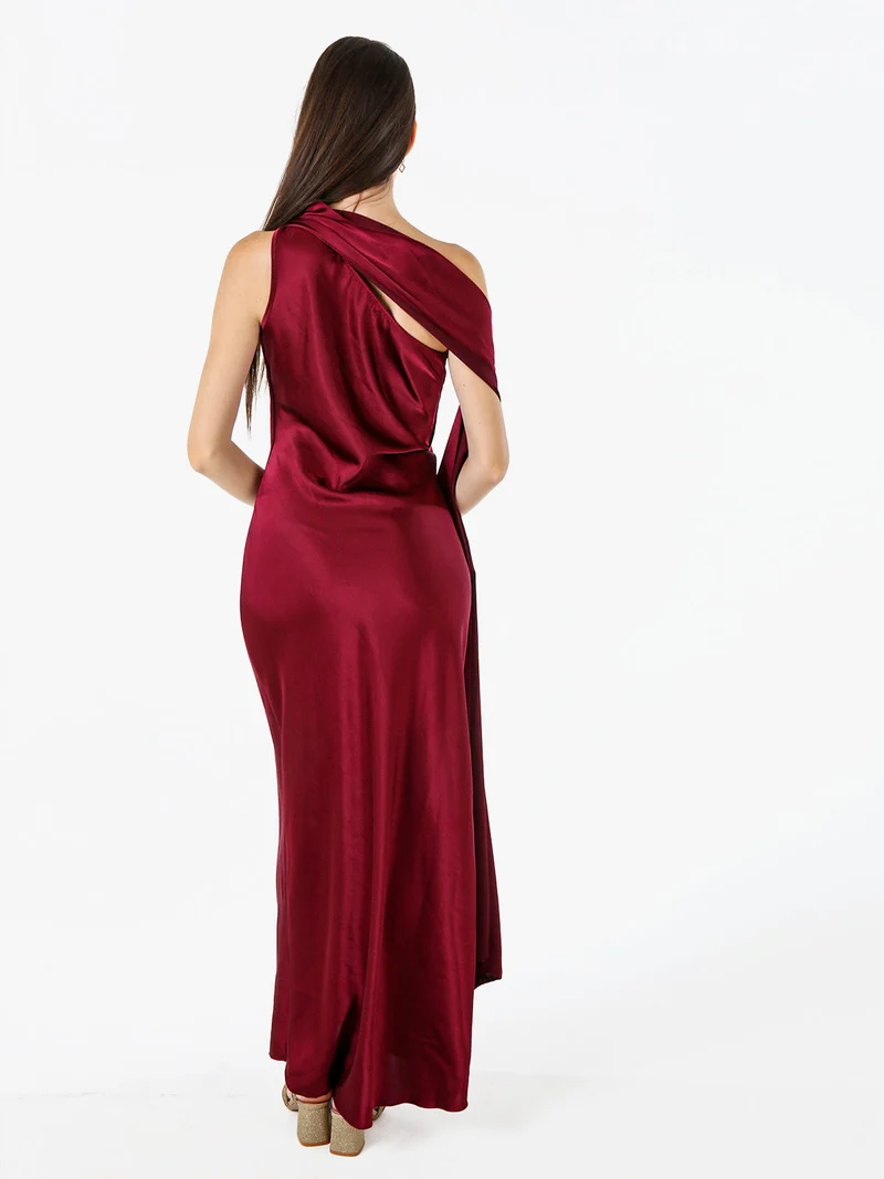 Abito elegante da donna monospalla con stola incorporata - bordeaux