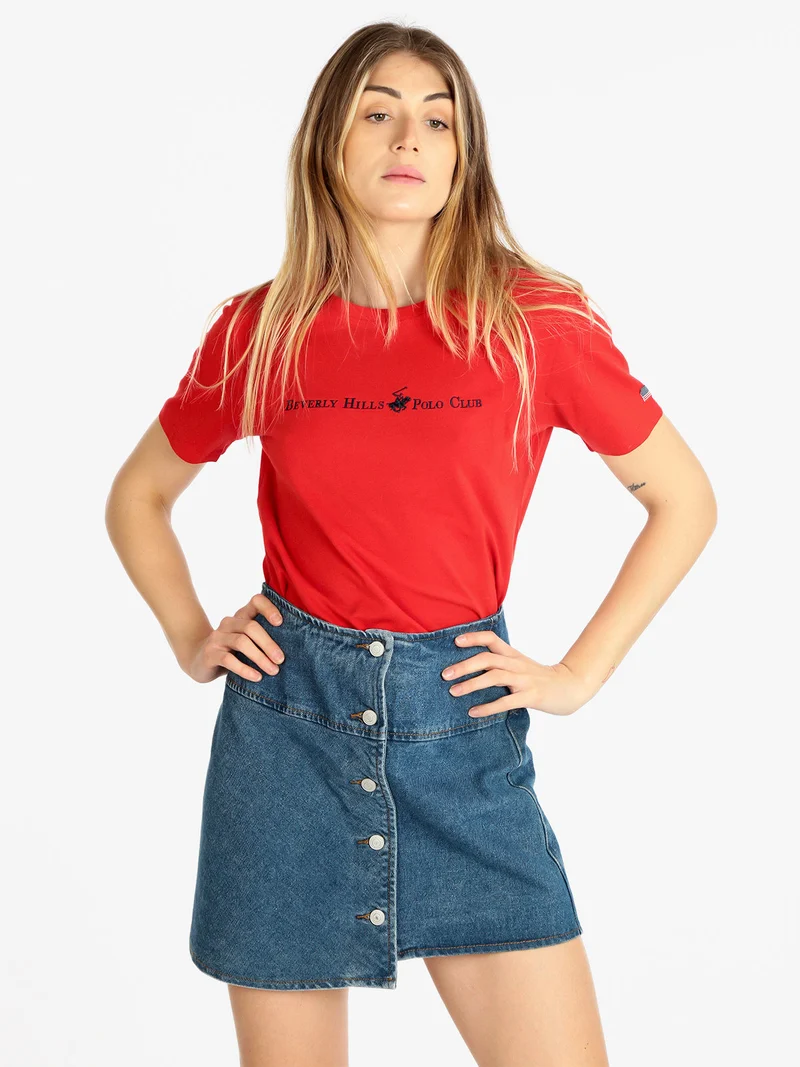 T-shirt donna manica corta con scritta - rosso