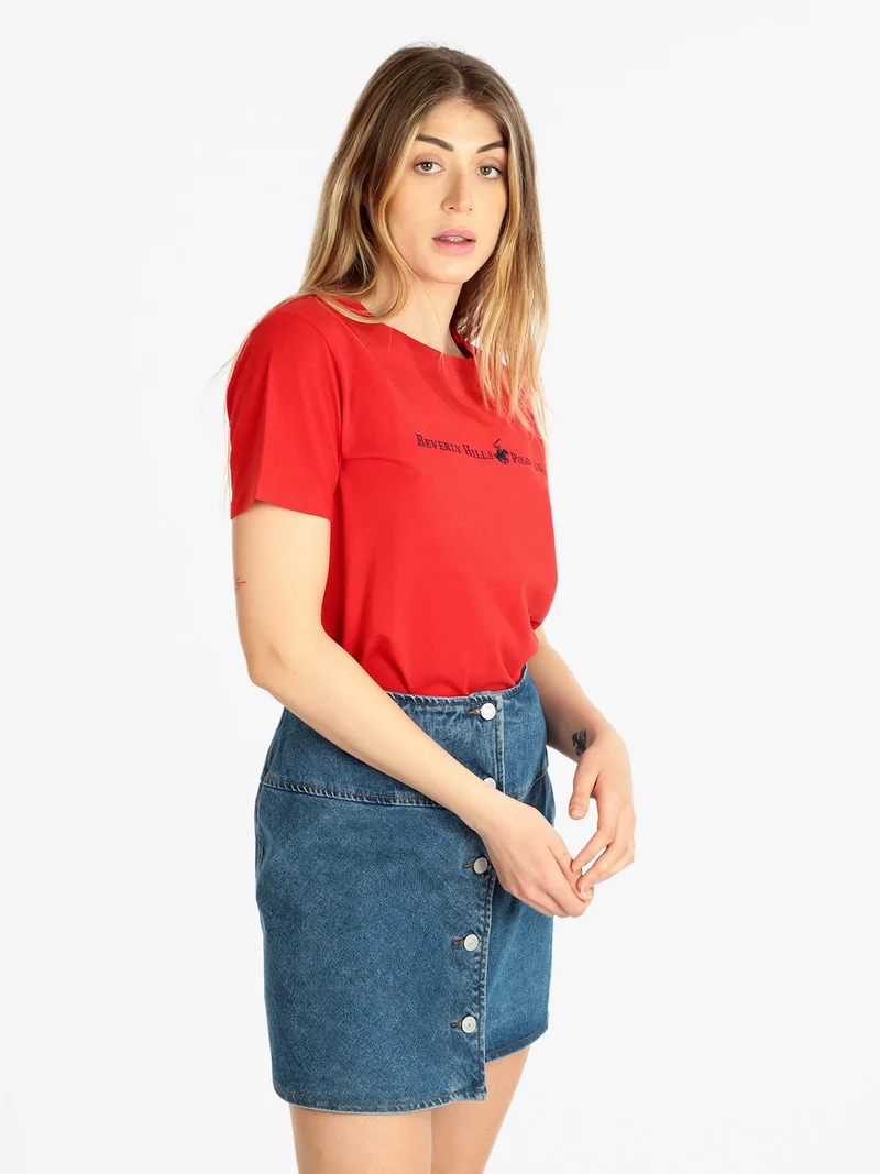 T-shirt donna manica corta con scritta - rosso