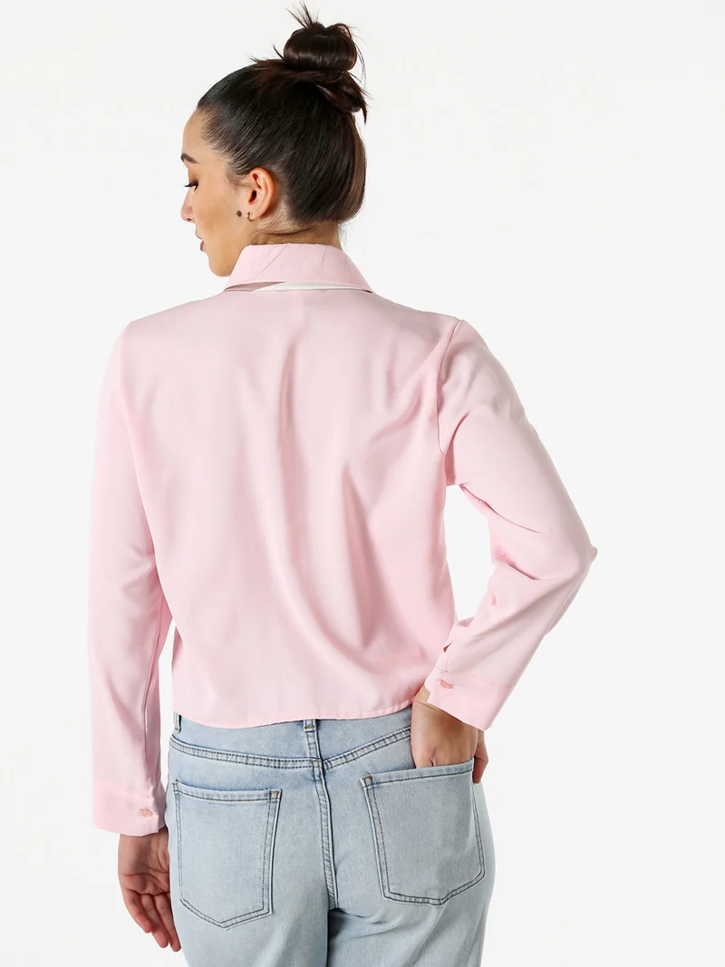 Camicia crop da donna a maniche lunghe con cravattino a foulard - rosa