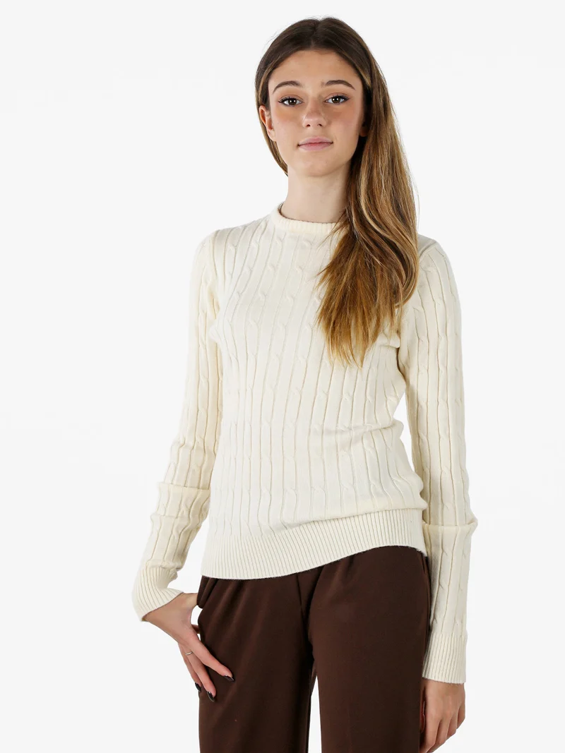 Maglione girocollo da donna a trecce - panna
