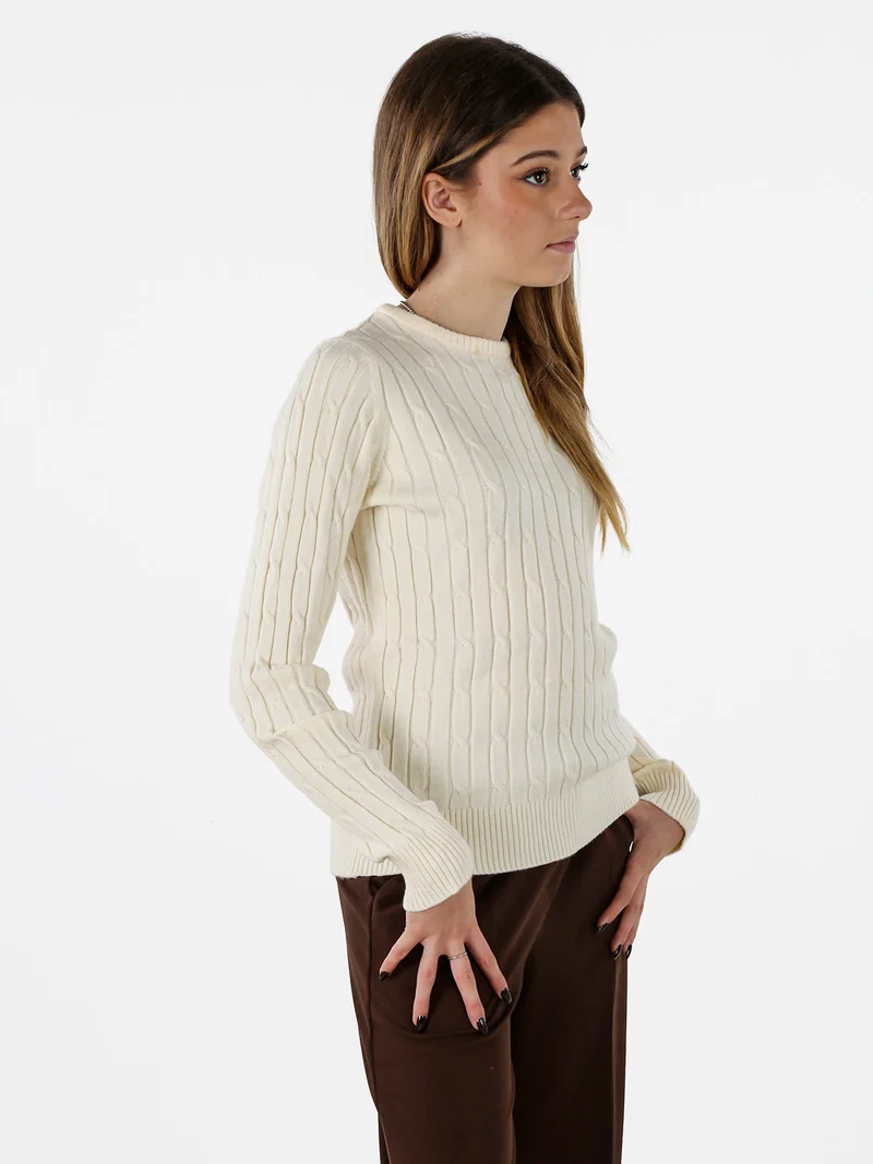 Maglione girocollo da donna a trecce - panna