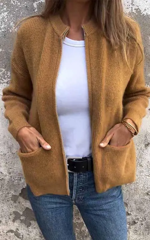 Damen Strickjacke mit Reißverschluss | Rundhals | Baumwolle | Größen S–5XL