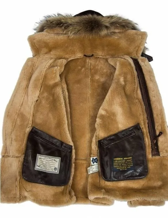 Herren Parka B-7 | Lammfell | Abnehmbare Kapuze mit Waschbärfell | Winterjacke