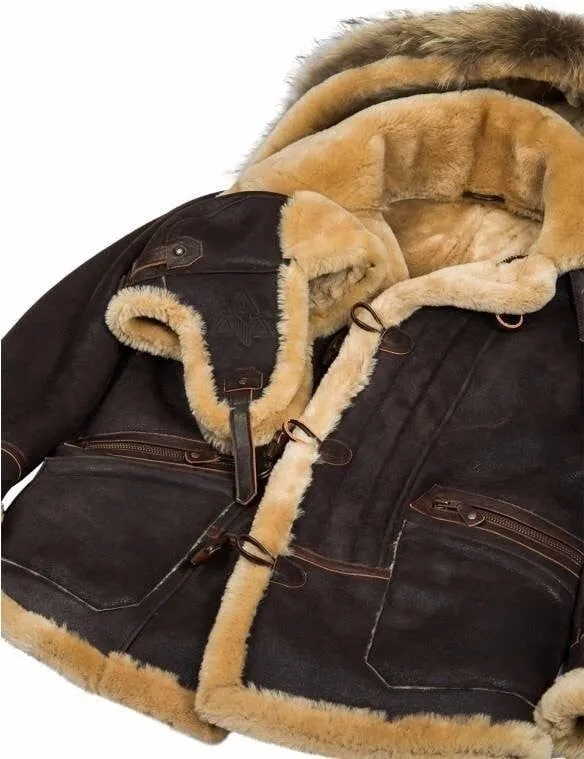 Herren Parka B-7 | Lammfell | Abnehmbare Kapuze mit Waschbärfell | Winterjacke