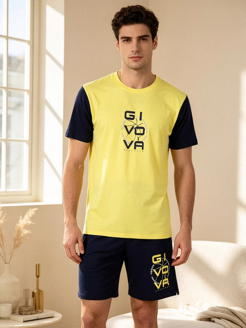 Pigiama corto da uomo in cotone con t-shirt e bermuda - giallo