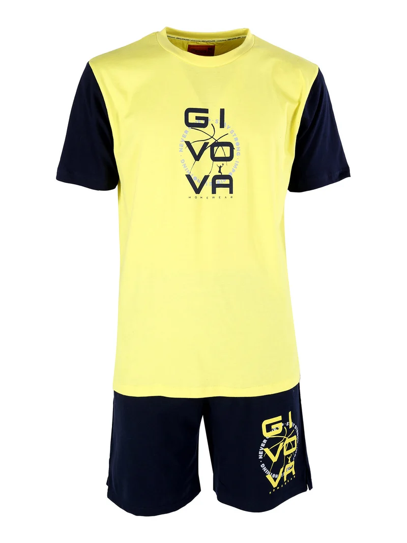 Pigiama corto da uomo in cotone con t-shirt e bermuda - giallo