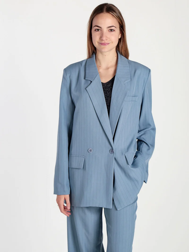 Blazer donna gessato con chiusura a doppio petto - azzurro