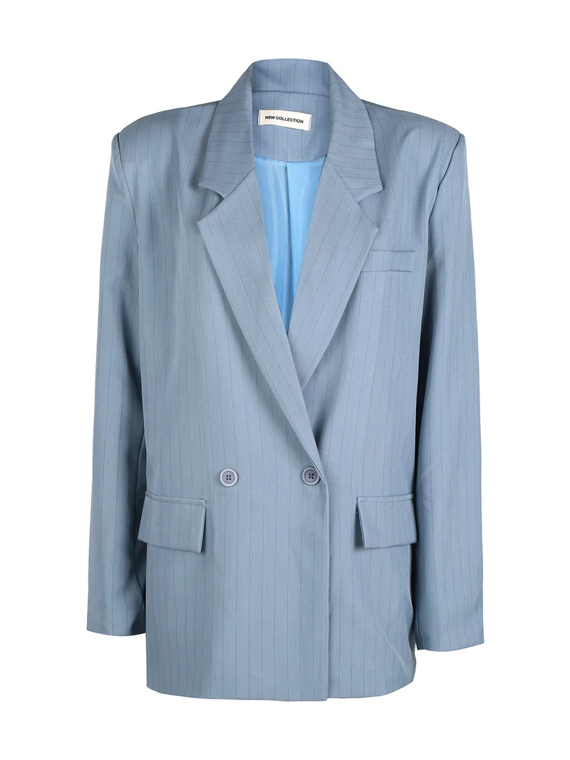 Blazer donna gessato con chiusura a doppio petto - azzurro
