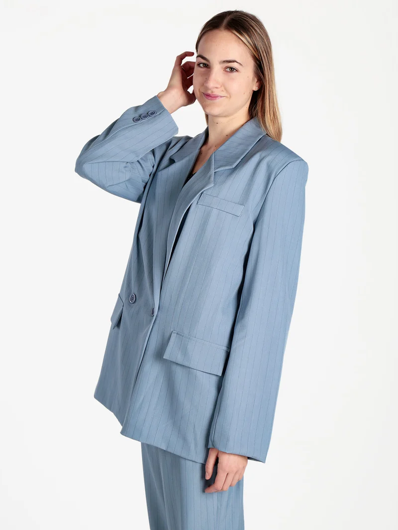Blazer donna gessato con chiusura a doppio petto - azzurro