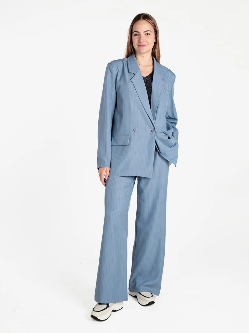 Blazer donna gessato con chiusura a doppio petto - azzurro