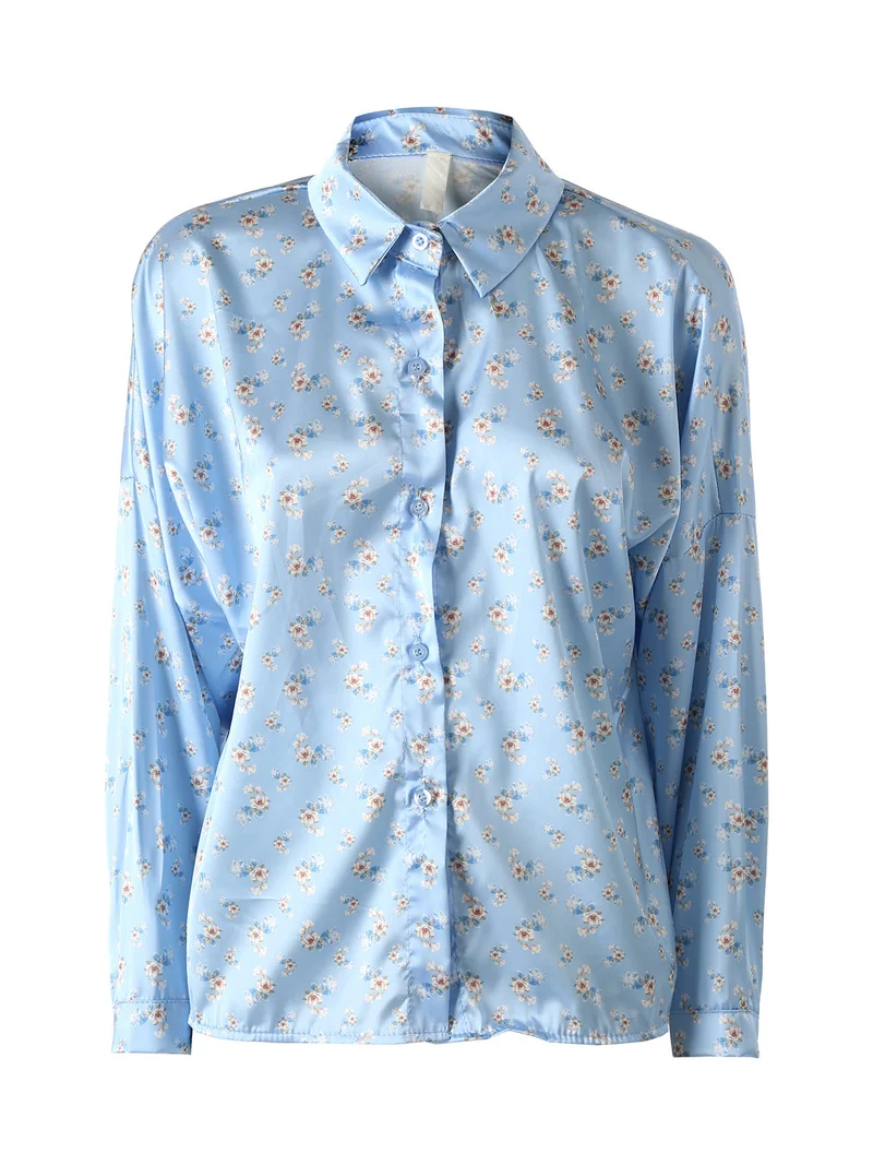 Camicia da donna a maniche lunghe con stampa floreale - azzurro