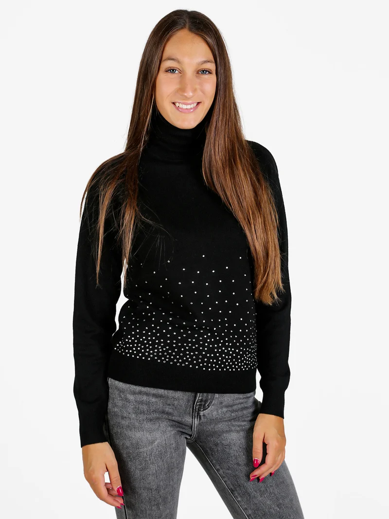 Pullover dolcevita da donna con strass - nero