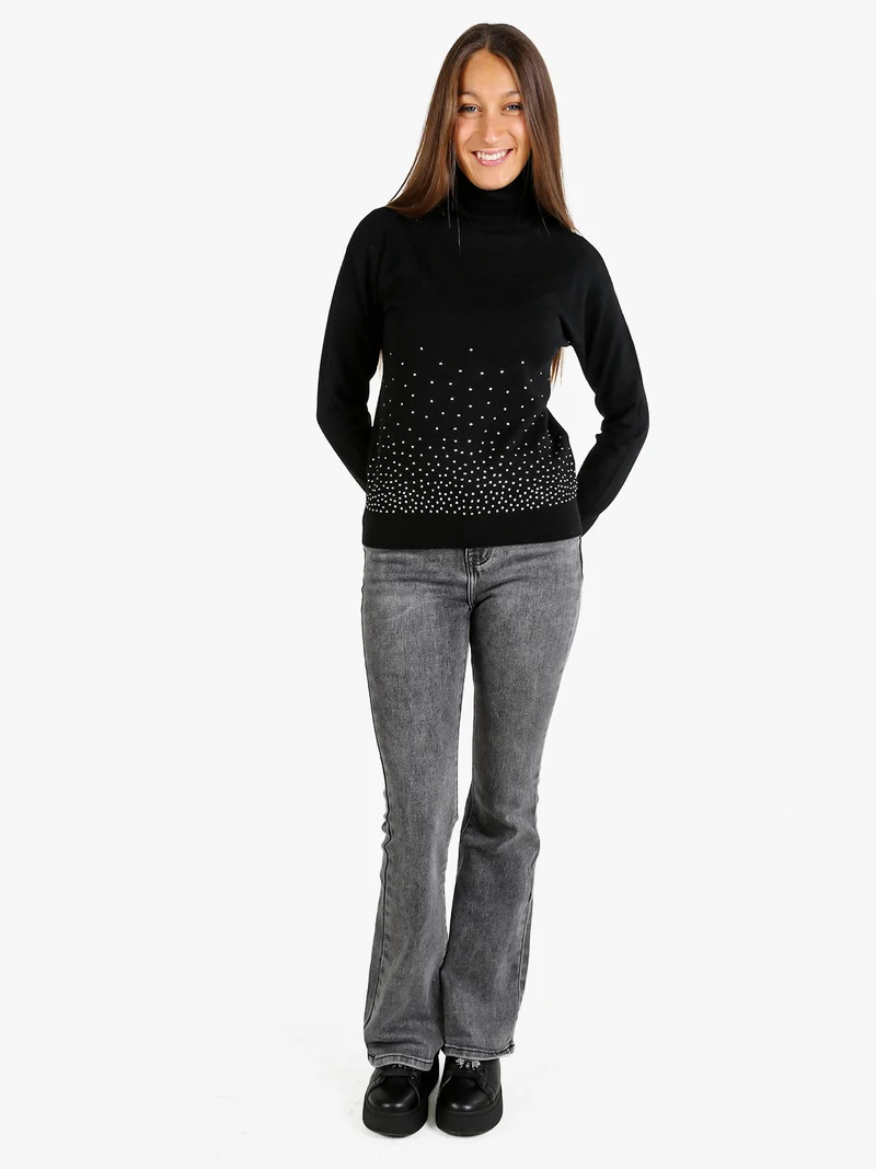 Pullover dolcevita da donna con strass - nero