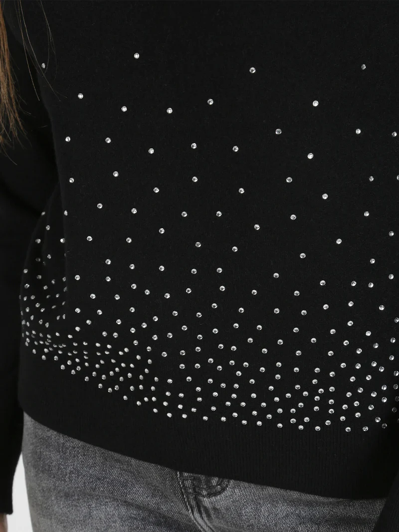 Pullover dolcevita da donna con strass - nero