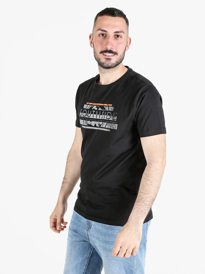 T-shirt girocollo da uomo in cotone con stampa - nero