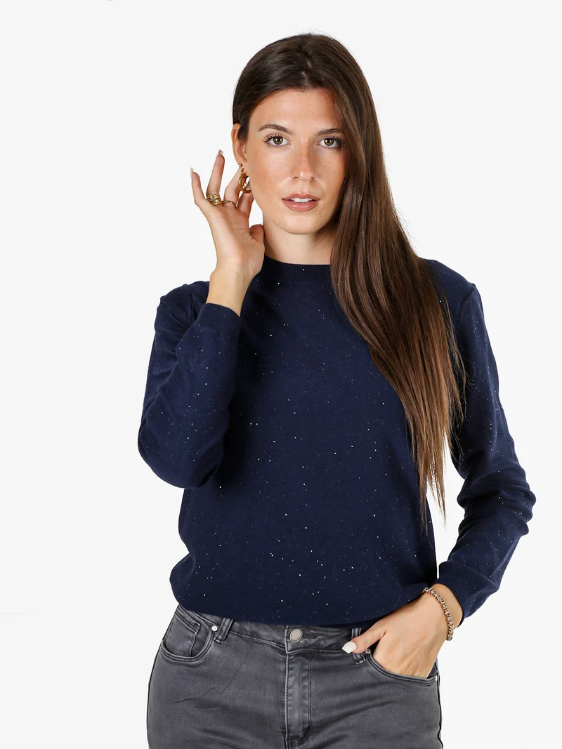 Maglia girocollo da donna con mini paillettes - blu scuro