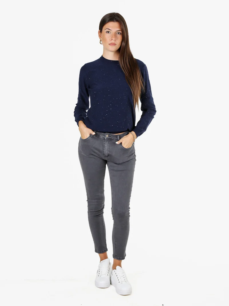 Maglia girocollo da donna con mini paillettes - blu scuro