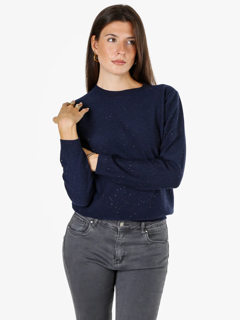 Maglia girocollo da donna con mini paillettes - blu scuro