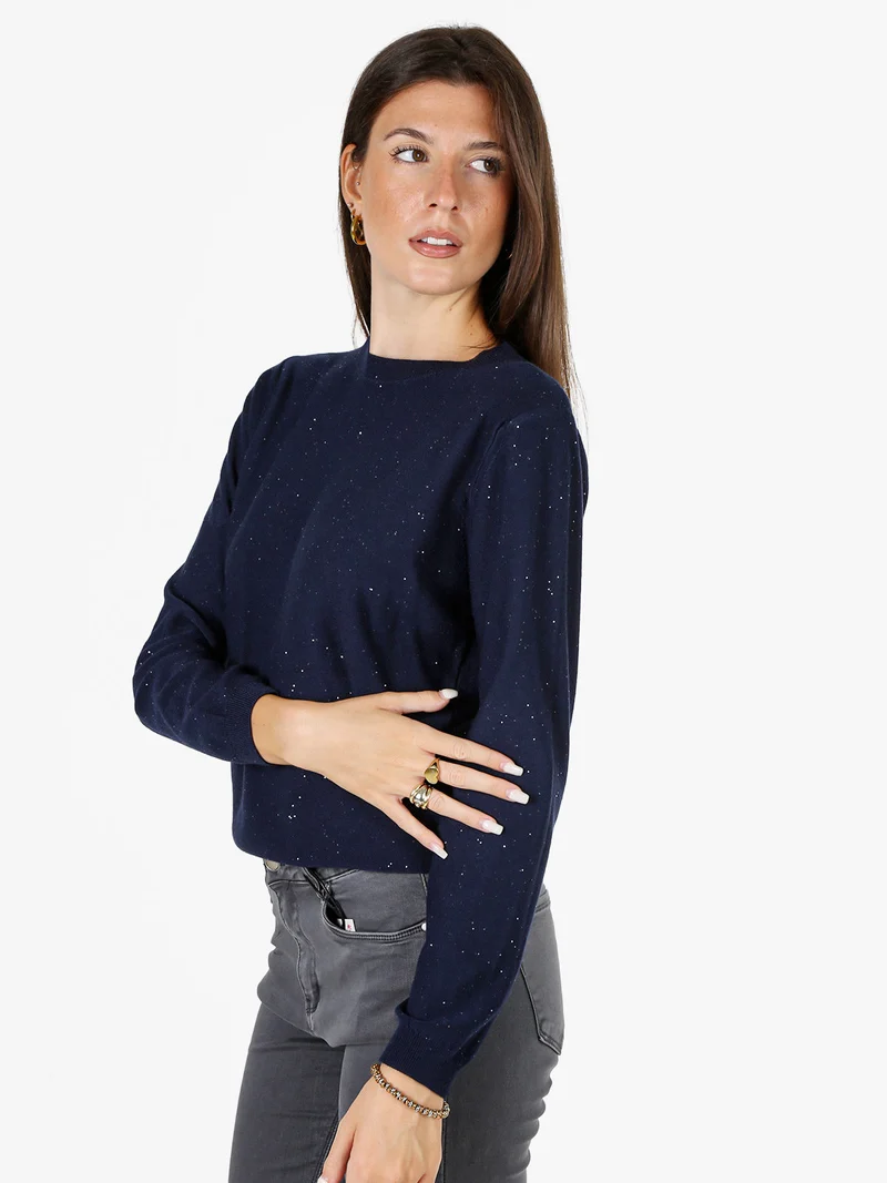 Maglia girocollo da donna con mini paillettes - blu scuro
