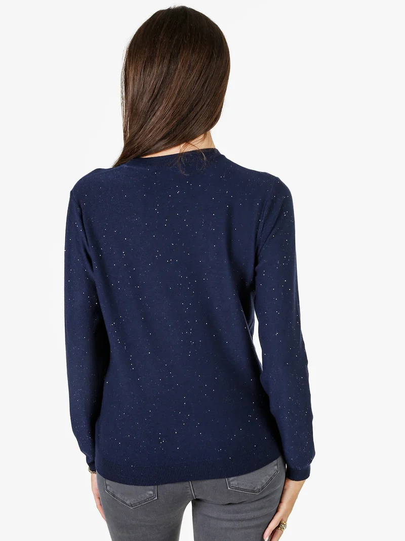 Maglia girocollo da donna con mini paillettes - blu scuro