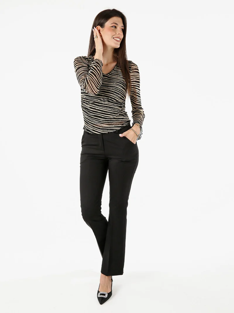 Top donna con scollo a V e maniche lunghe a campana - sabbia