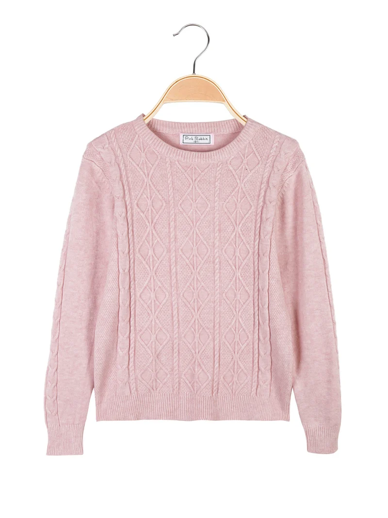 Maglione girocollo da bambina a trecce - rosa