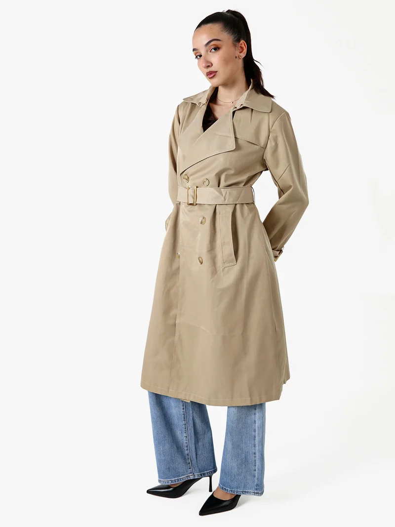 Trench lungo da donna a doppiopetto con bottoni - khaki