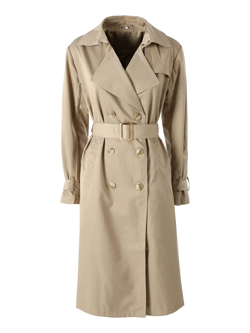 Trench lungo da donna a doppiopetto con bottoni - khaki