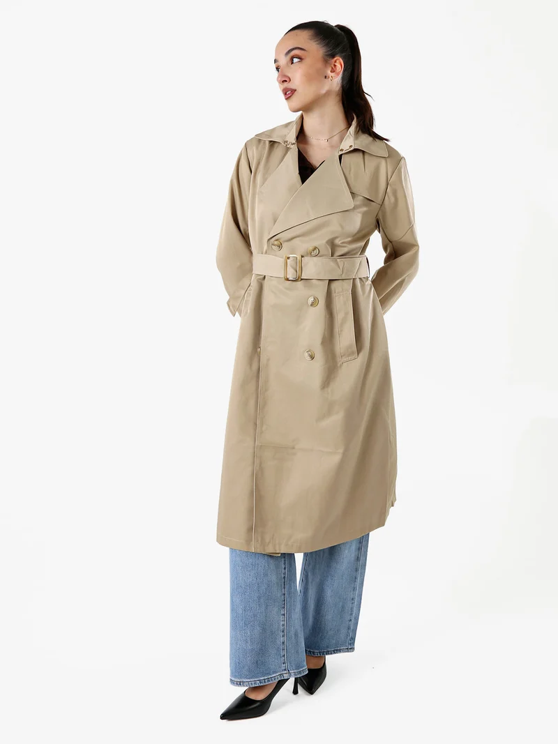 Trench lungo da donna a doppiopetto con bottoni - khaki