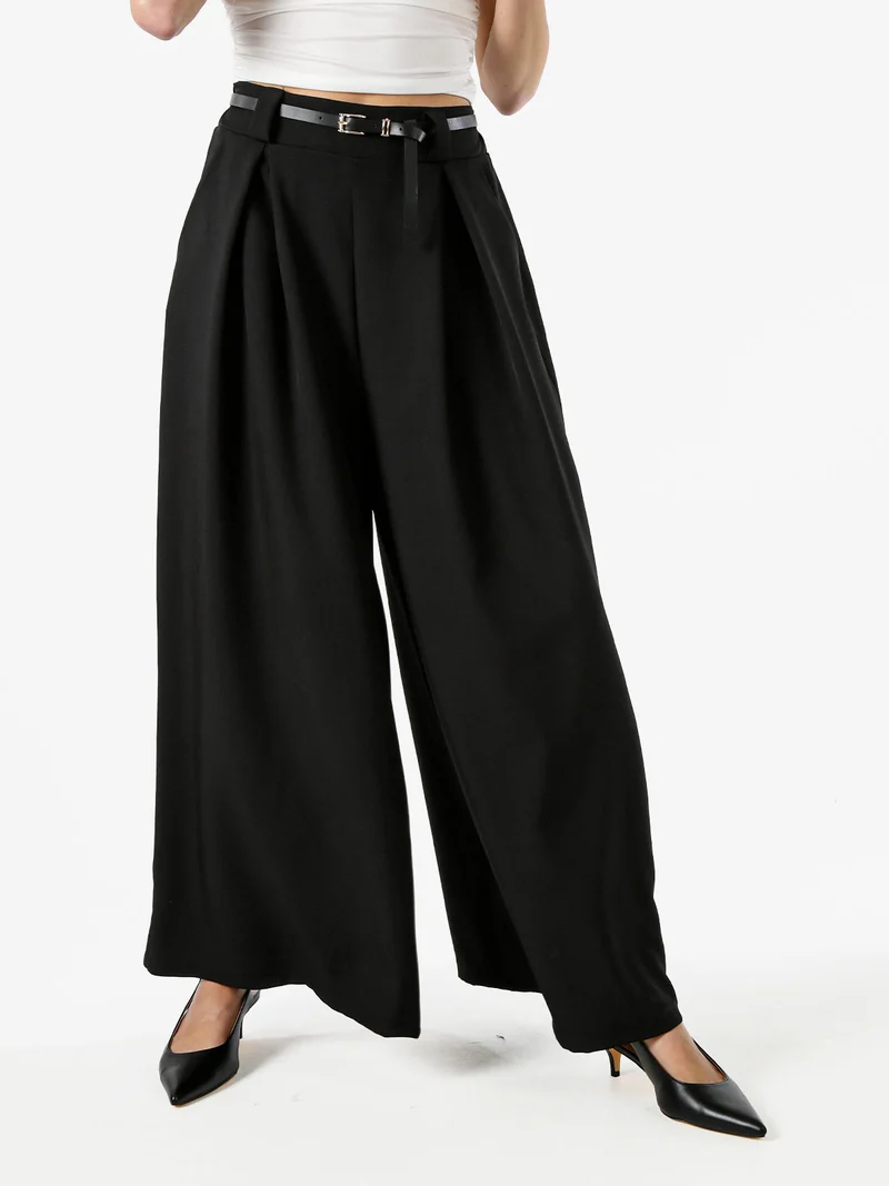 Pantaloni a palazzo da donna con cintura sottile - nero