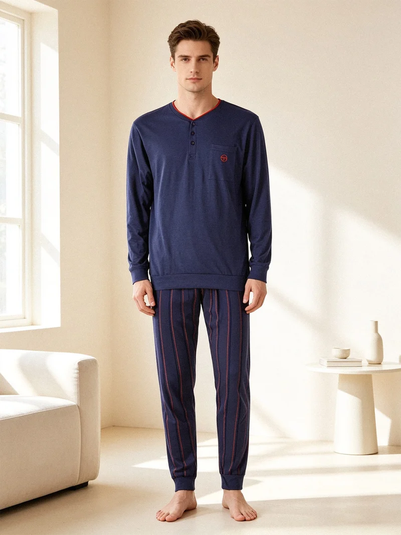 Pigiama lungo da uomo in cotone jersey con pantaloni a righe - blu scuro