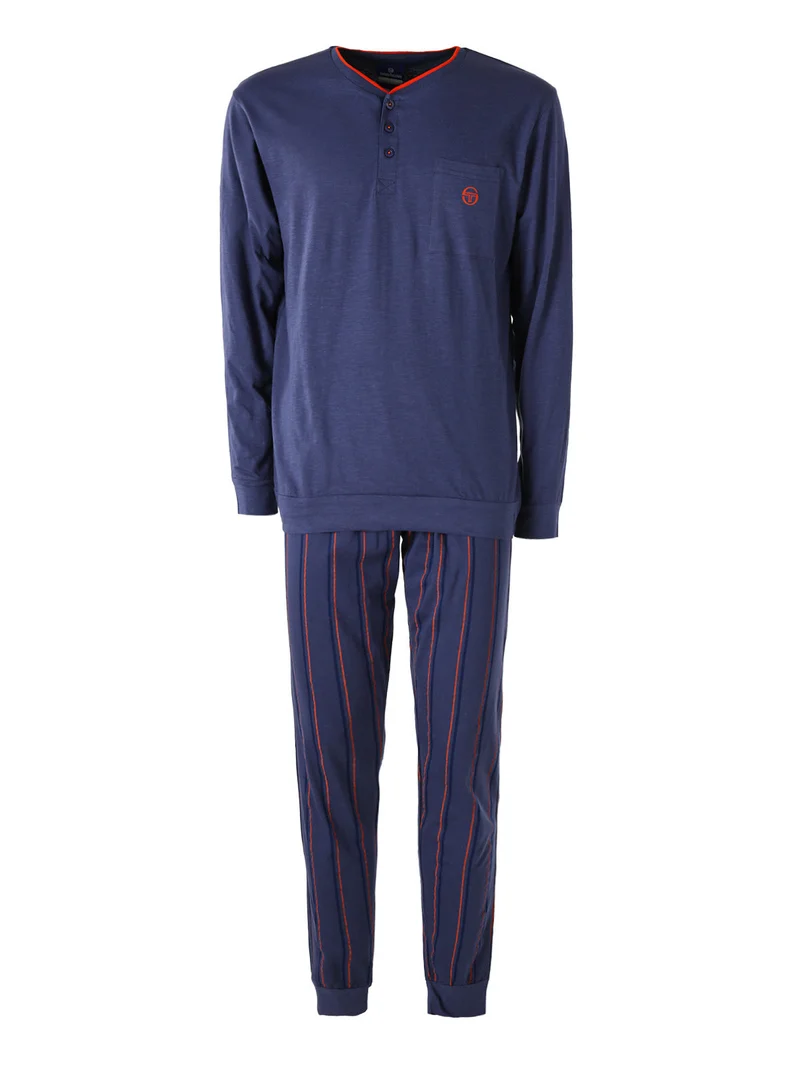 Pigiama lungo da uomo in cotone jersey con pantaloni a righe - blu scuro