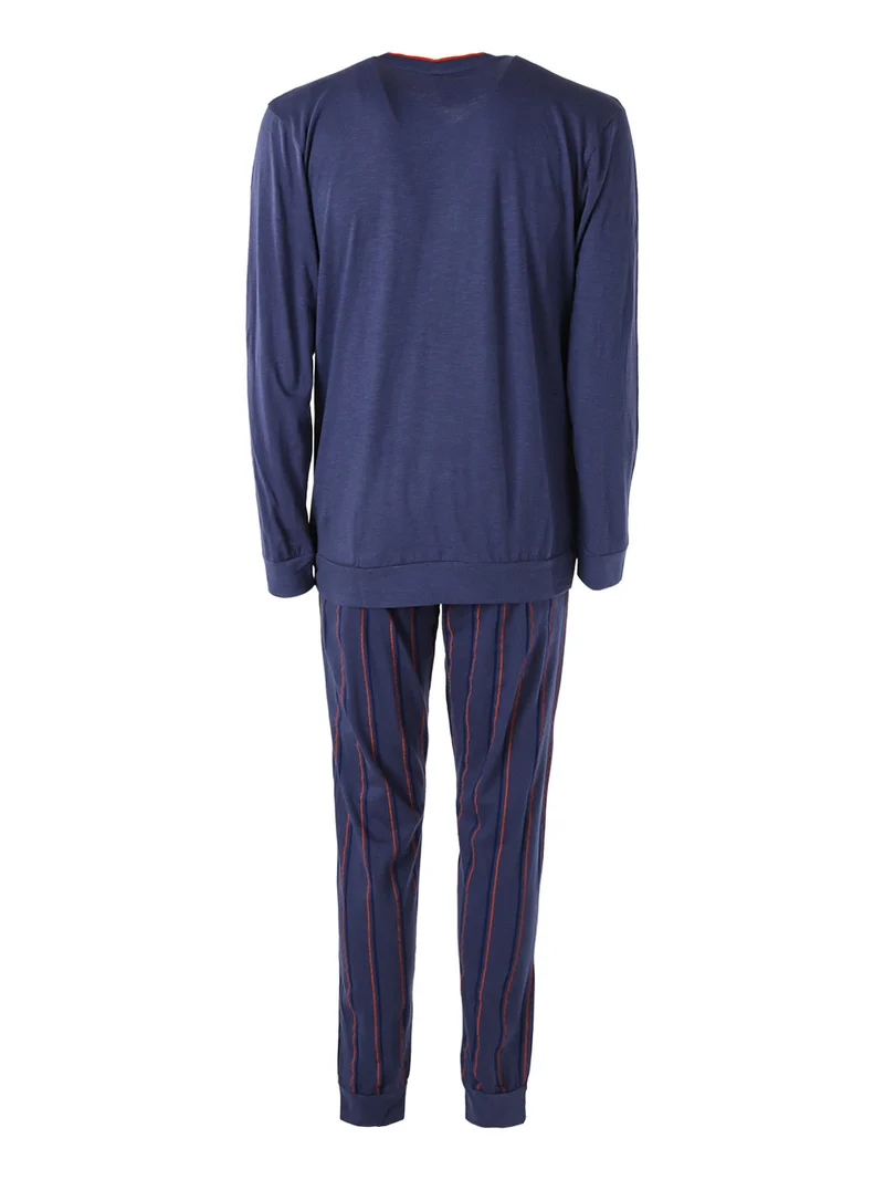 Pigiama lungo da uomo in cotone jersey con pantaloni a righe - blu scuro