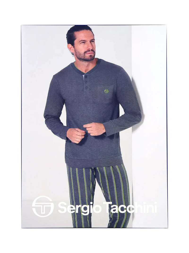 Pigiama lungo da uomo in cotone jersey con pantaloni a righe - blu scuro