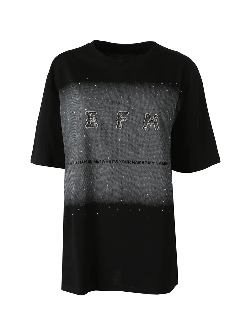 T-shirt oversize da donna con lustrini e microborchie - nero