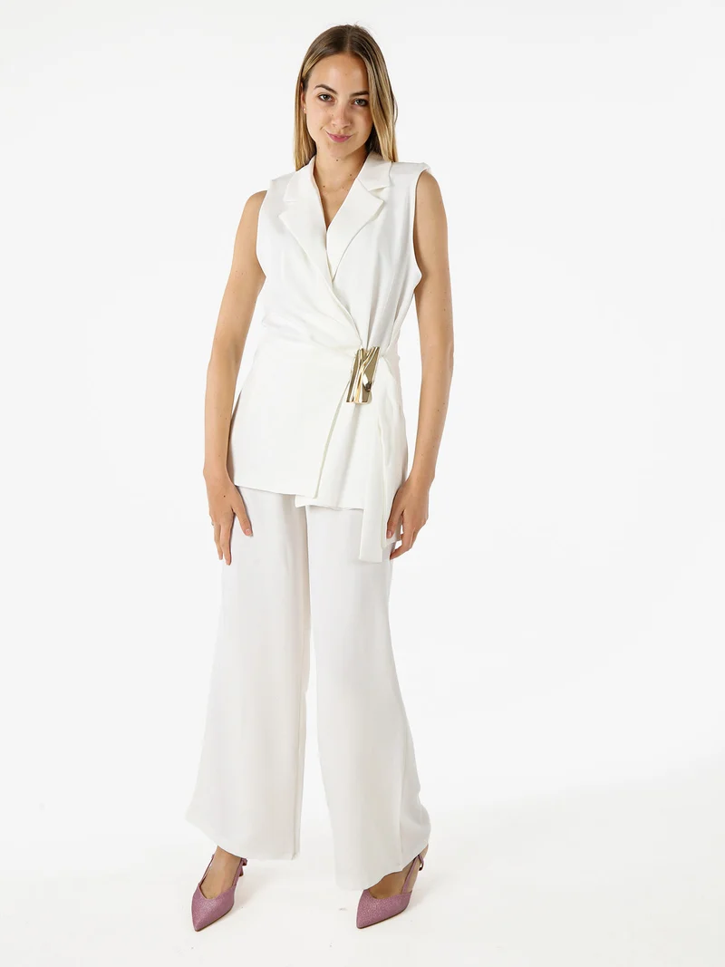 Pantaloni da donna a gamba larga e vita alta - bianco