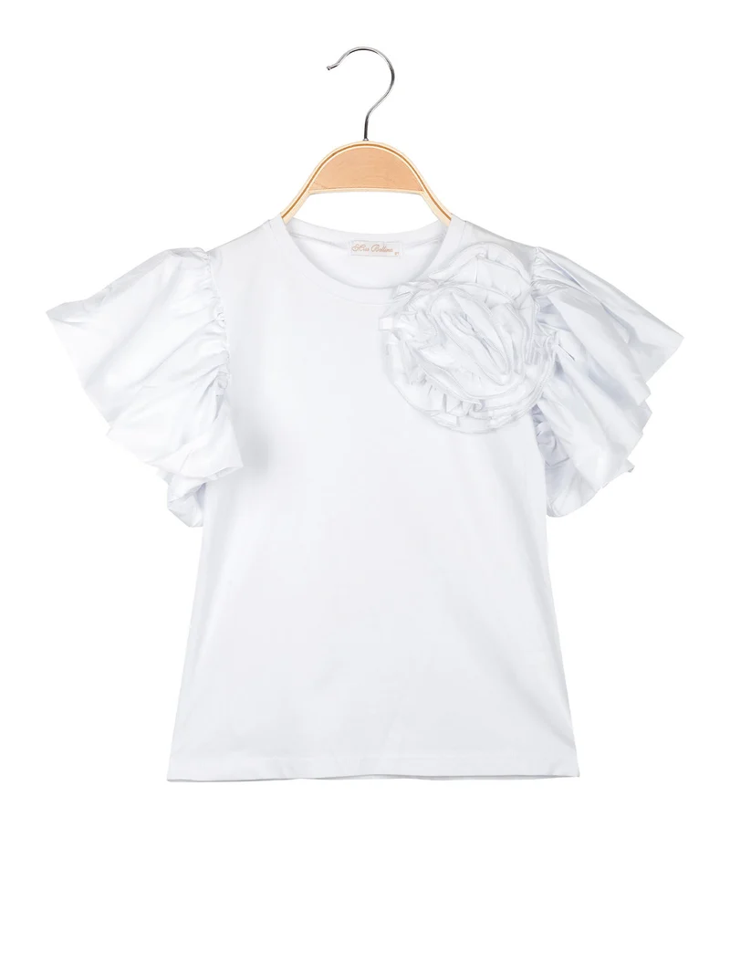 T-shirt da ragazza con fiore e maniche ampie a volant - bianco