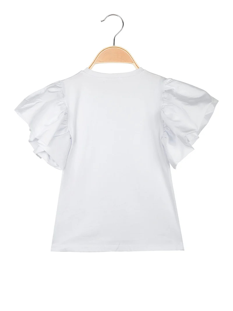 T-shirt da ragazza con fiore e maniche ampie a volant - bianco