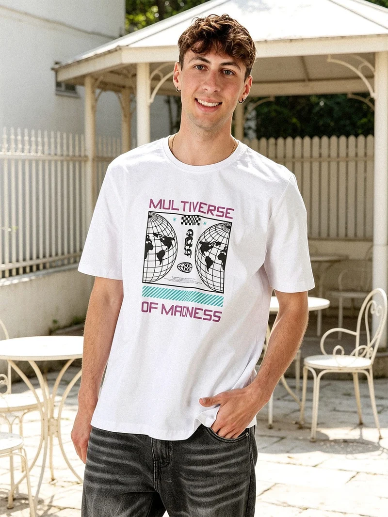T-shirt girocollo da uomo in cotone con stampa - bianco