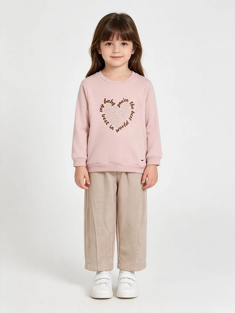 Completo 2 pezzi da bambina con felpa girocollo e pantaloni a palloncino - rosa